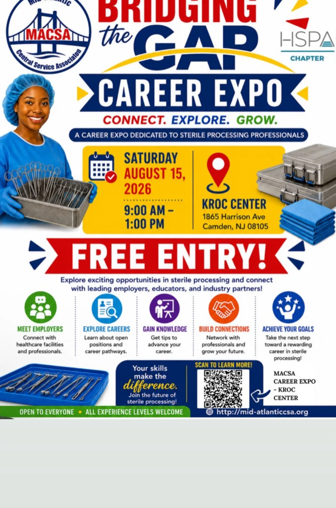 Bridging the Gap Career Expo flyer — a career expo dedicated to sterile processing professionals, Saturday August 15 2026, 9am to 1pm, Kroc Center, 1865 Harrison Ave, Camden NJ. Free entry.
